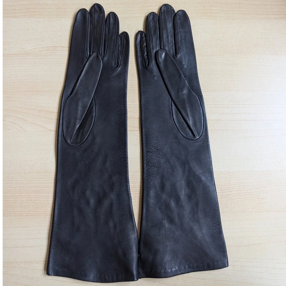 Vintage Black Leather Opera Length Gloves Floral Lace Cutout Unlined Evening